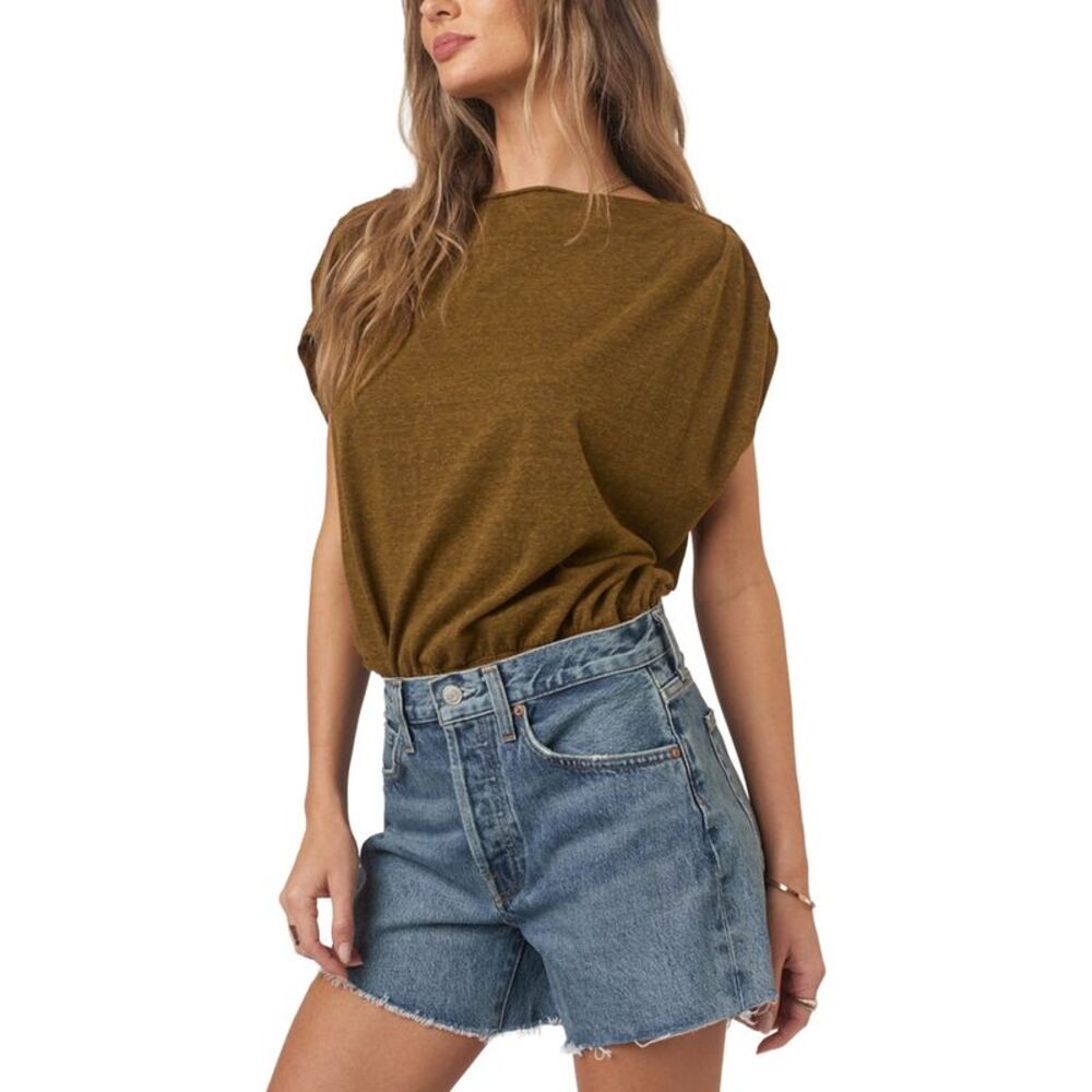 Project Social T Womens Estelle Heathered Pleated Shoulder Top, Orange